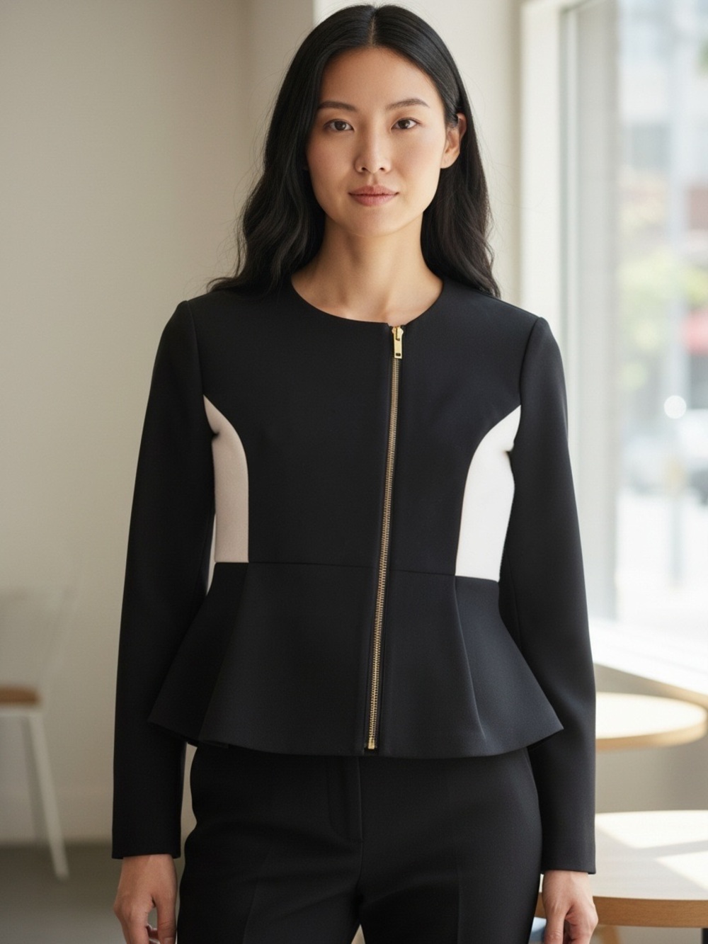 Danielle Nicole Black Jacket with White Panels and Gold Zipper